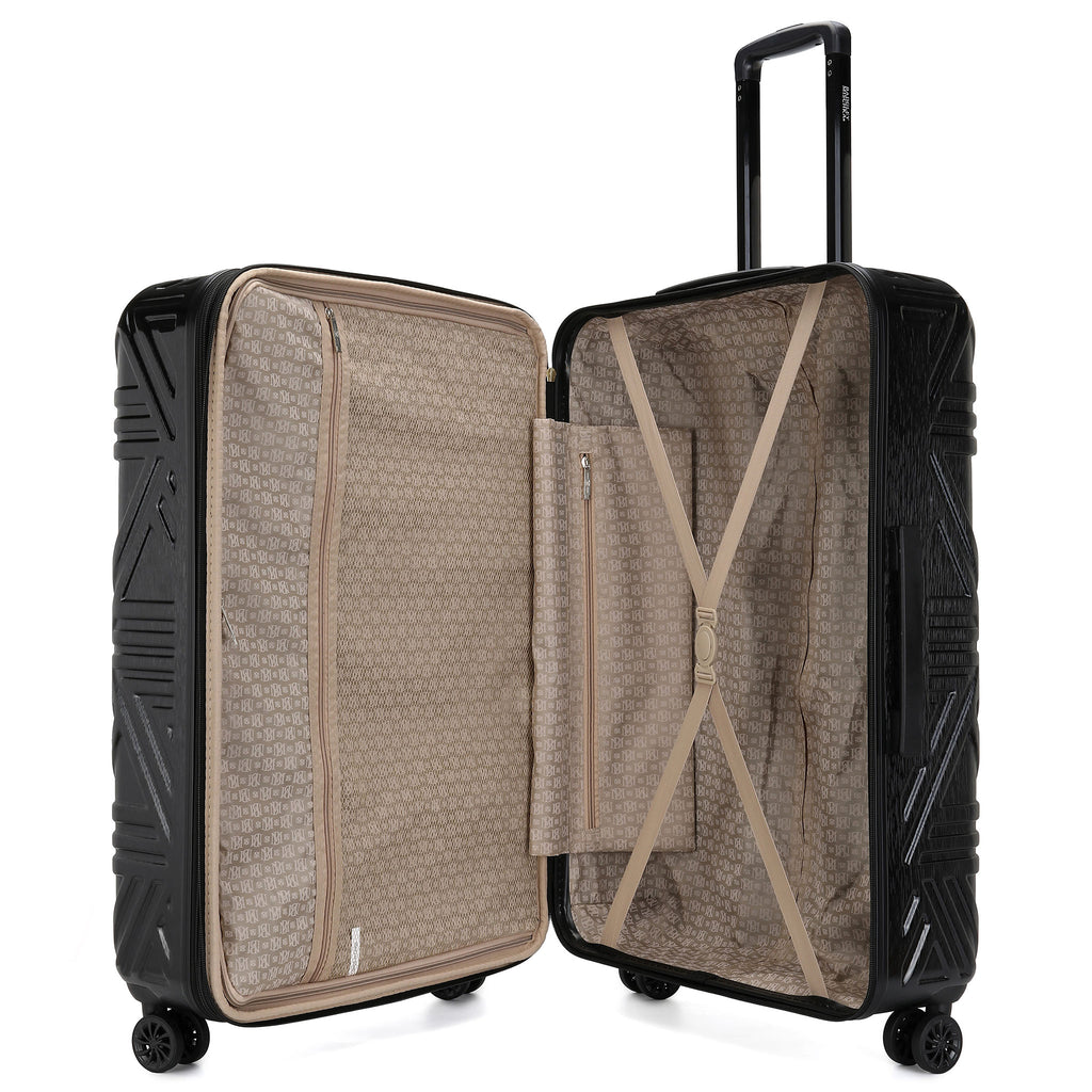 black luggage with compartments inside for clothing storage
