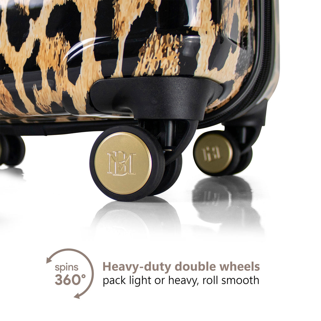 360 degree spinning wheels on leopard print luggage piece by badgley mischka