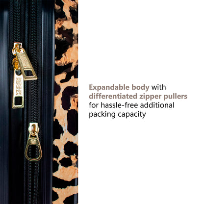 expandable zipper on leopard print luggage