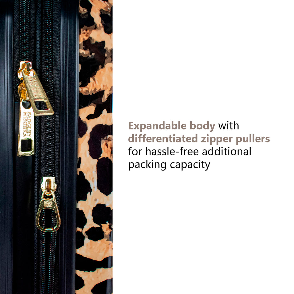 expandable zipper on leopard print luggage