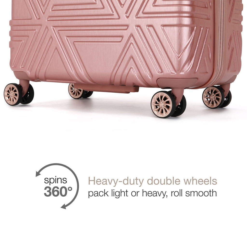 360 degree spinning wheels on pink luggage
