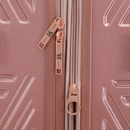 pink luggage with rose gold zippers and expandable zipper option