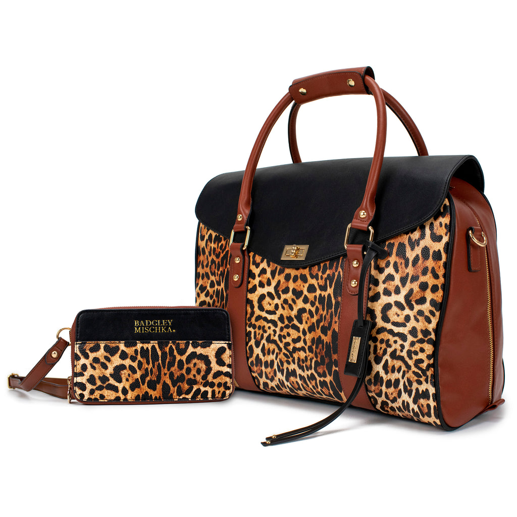 Saffiano leather leopard print belt bag and weekender bag