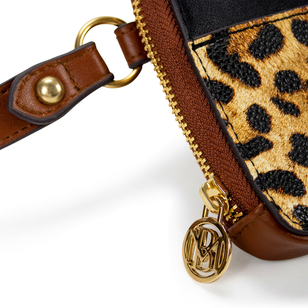 Saffiano leather belt bag purse with leopard print and shoulder strap