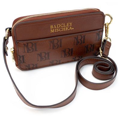 vegan leather badgley mischka purse with shoulder strap and gold zippers