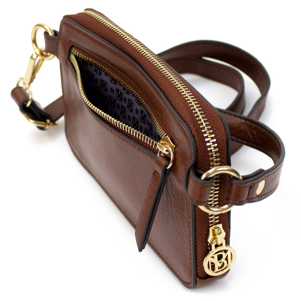 vegan leather belt bag with gold zipper by badgley mischka