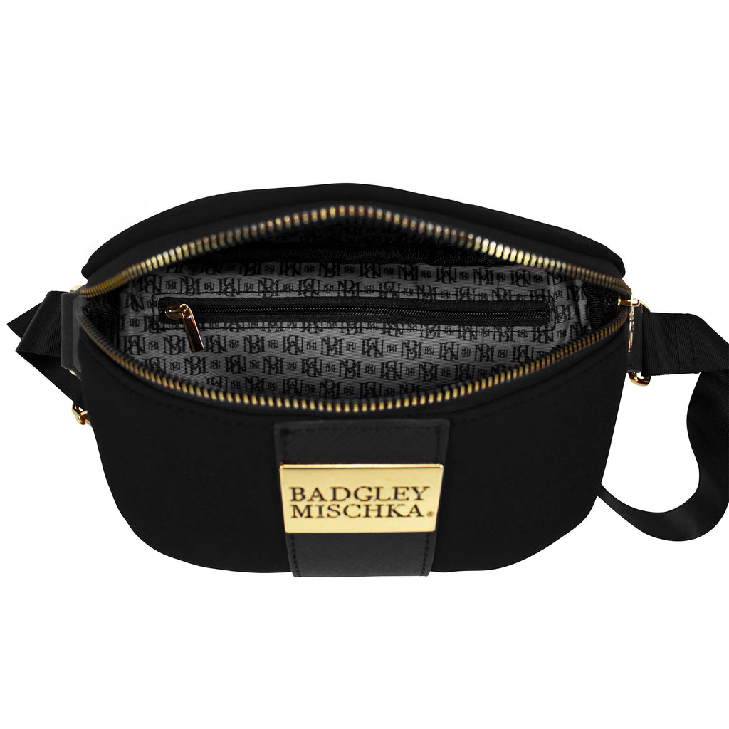 neoprene black belt bag by badgley mischka with zipper on the inside