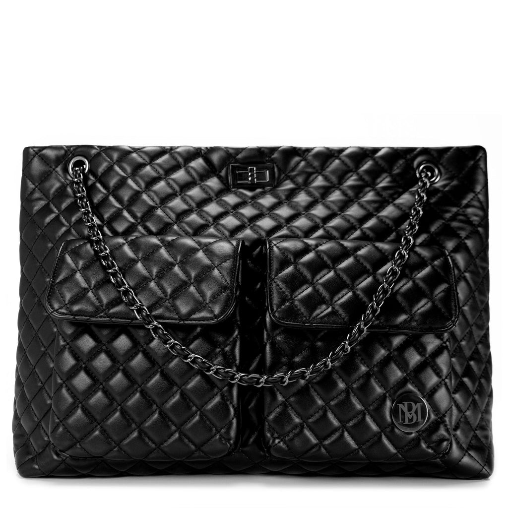 black vegan leather weekender bag with quilted design by badgley mischka