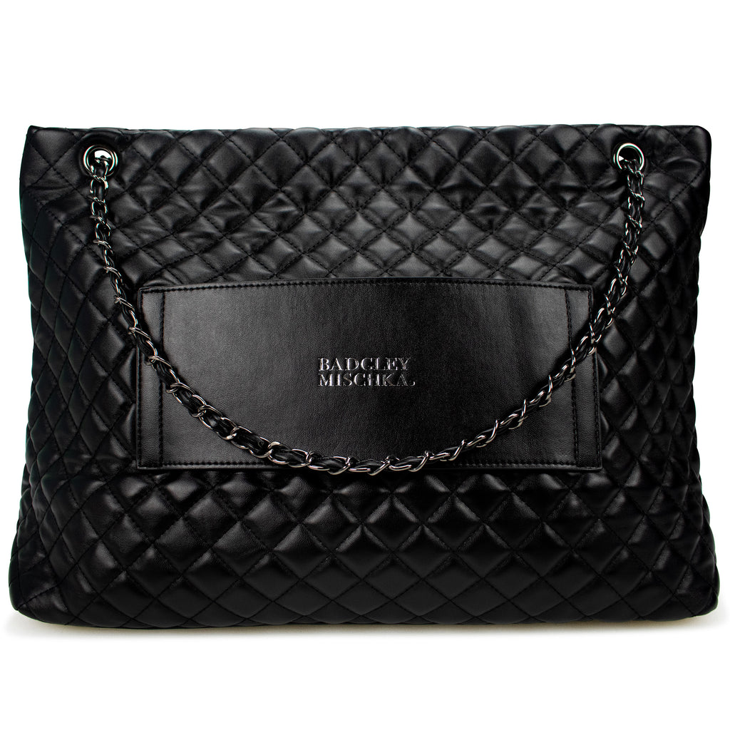 black vegan leather quilted pattern by badgley mischka