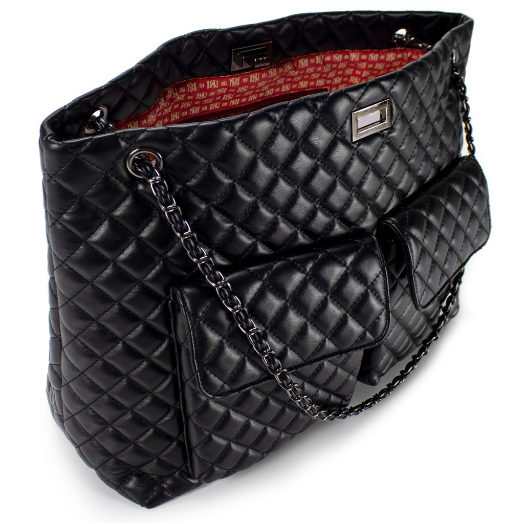 quilted pattern black vegan leather bag with red lining