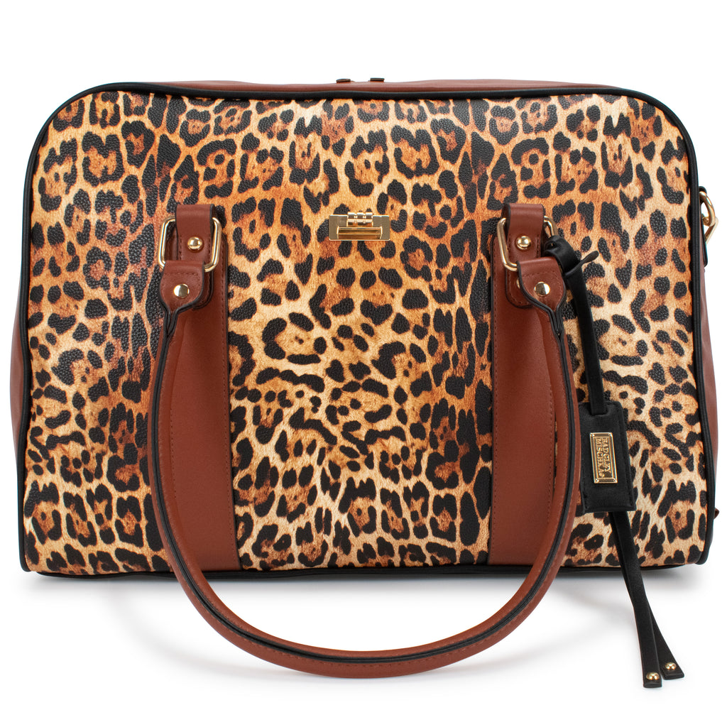 Saffiano leather leopard print weekender bag for women