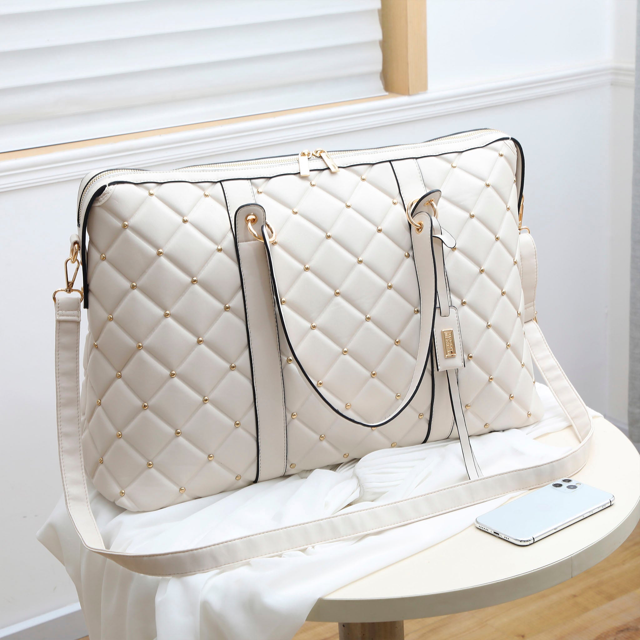 Diamond Quilted Vegan Leather Weekender Tote Bag