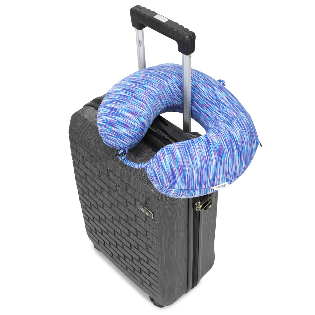 Space Dye Memory Foam Neck Pillow on luggage handle
