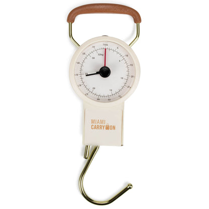 white mechanical luggage scale