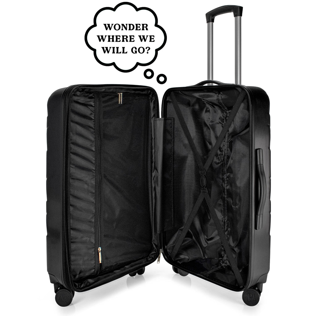 black luggage with a thought bubble saying "wonder where will go?"